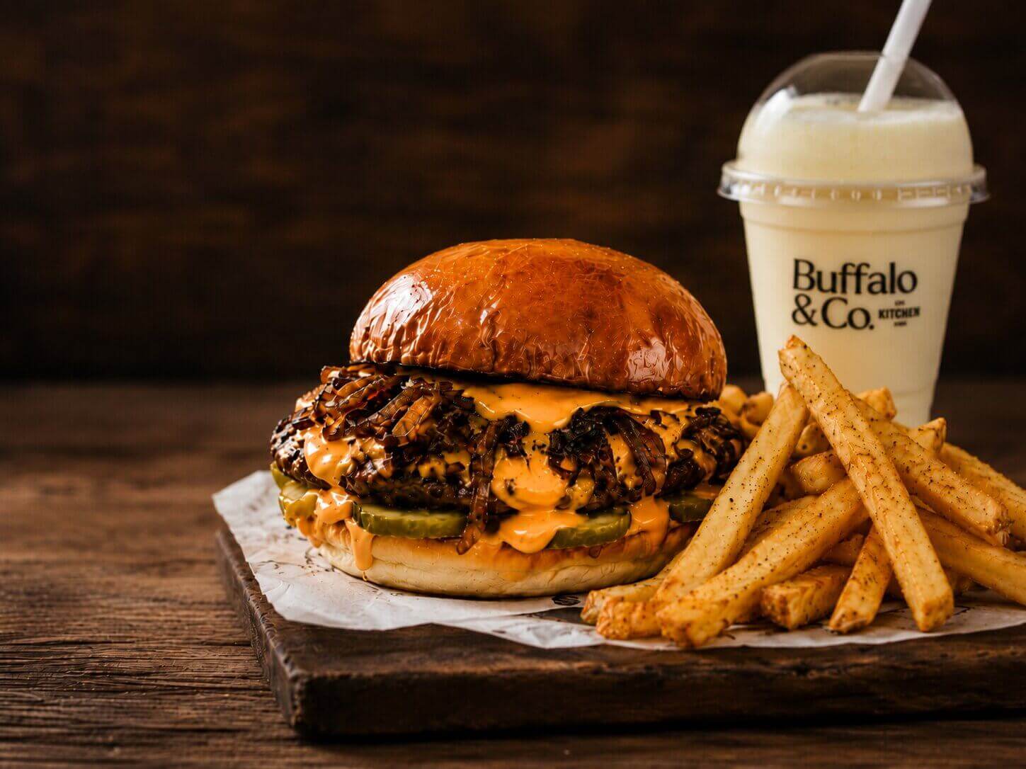 Smash burger plated at Buffalo & Co Kitchen