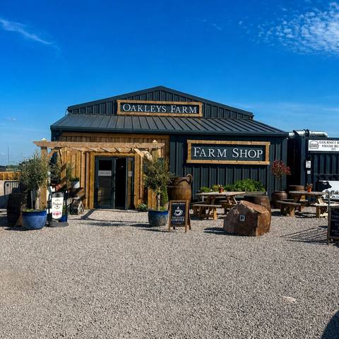 The farm shop building on a bright day